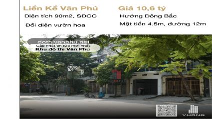 Chính chủ gửi bán liền kề Văn Phú diện tích 90m2, mặt tiền 4.5m, hướng Đông Bắc, trước mặt là vườn hoa thoáng mát